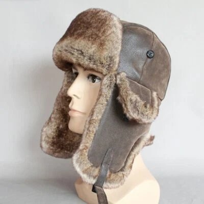 New Pilot Hats Winter Men Warm Russian Ushanka Hat with Ear Flap Pu Leather - Image 1 of 4