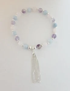 Aquamarine, Rose Quartz & Amethyst Gemstone Bracelet with Sterling Silver Tassel - Picture 1 of 5