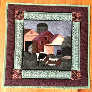 Quilted Table Topper Farm Scene with Lace, hand quilting, 16.5 x 16.5, liner - Picture 1 of 7