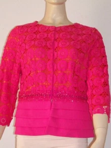 Sz 48 L XL CLIPS Italy WANDA MODE Pink Orange Cotton Jacket Crochet Lined Beaded - Picture 1 of 10