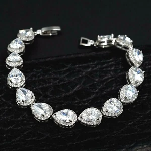 Women White Gold GP Teardrop Clear Cubic Zirconia CZ Tennis Bracelet 08274 Gift - Picture 1 of 6