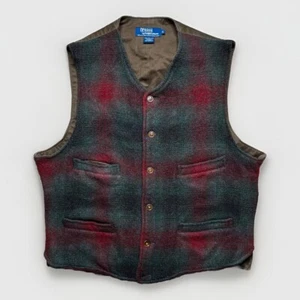 Polo Ralph Lauren Red Wool Shadow Plaid Belt Vest Waistcoat Medium USA Made FLAW - Picture 1 of 18