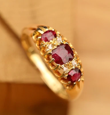 18ct Antique 1907 Solid Yellow Gold Ring with Rubies and Diamonds Size M clean - Image 1 of 4