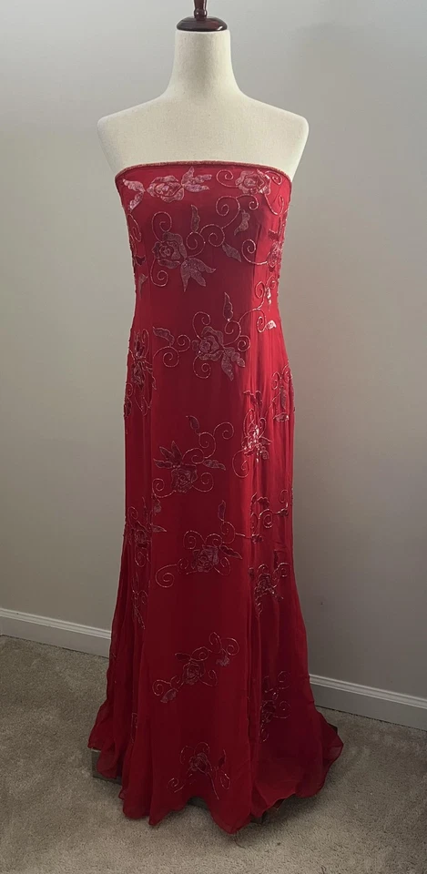 Vintage Y2K 90s Dress XL Red Silk Strapless Beaded Sequin Floral Silk Fairycore - Image 1 of 4