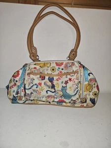 Lily Bloom Cat Pattern Double Handle Shoulder Bag Turquoise Lining EUC - Picture 1 of 7