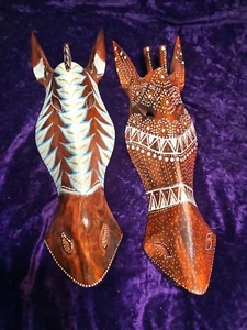 2 -Zebra & Giraffe 20" Carved Painted Wood Tribal Wall Masks Pair Nice! - Picture 1 of 11