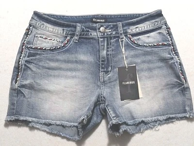 Pantalones Cortos Flamingo Para Mujer Talla Pequeña Corte Denim Elásticos Rojo Blanco Costuras Foto 1 de 4