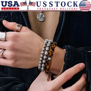 3Pcs 18K Silver Plated Bracelet Stack Beaded Bracelets Tiger Eye Bracelets Gift - Picture 1 of 6