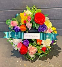 ARTIFICIAL SILK FLOWERS WREATH RING FUNERAL GRAVE TRIBUTE ANY COLOURS NHS PRIDE