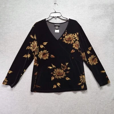 Top de mujer Lane Bryant 14 16 camisa negra floral terciopelo cuello en V camiseta manga larga Foto 1 de 4