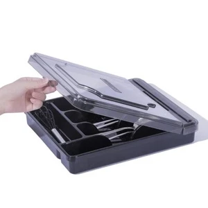 Plastic Silverware Tray Utensil Drawer Organizer w/ Lid Flatware Storage Holder - Picture 1 of 6