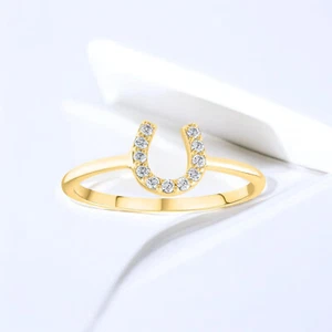 14K Solid Gold Diamond Horseshoe Ring, Elegant Diamond Statement Ring for Her - Picture 1 of 4