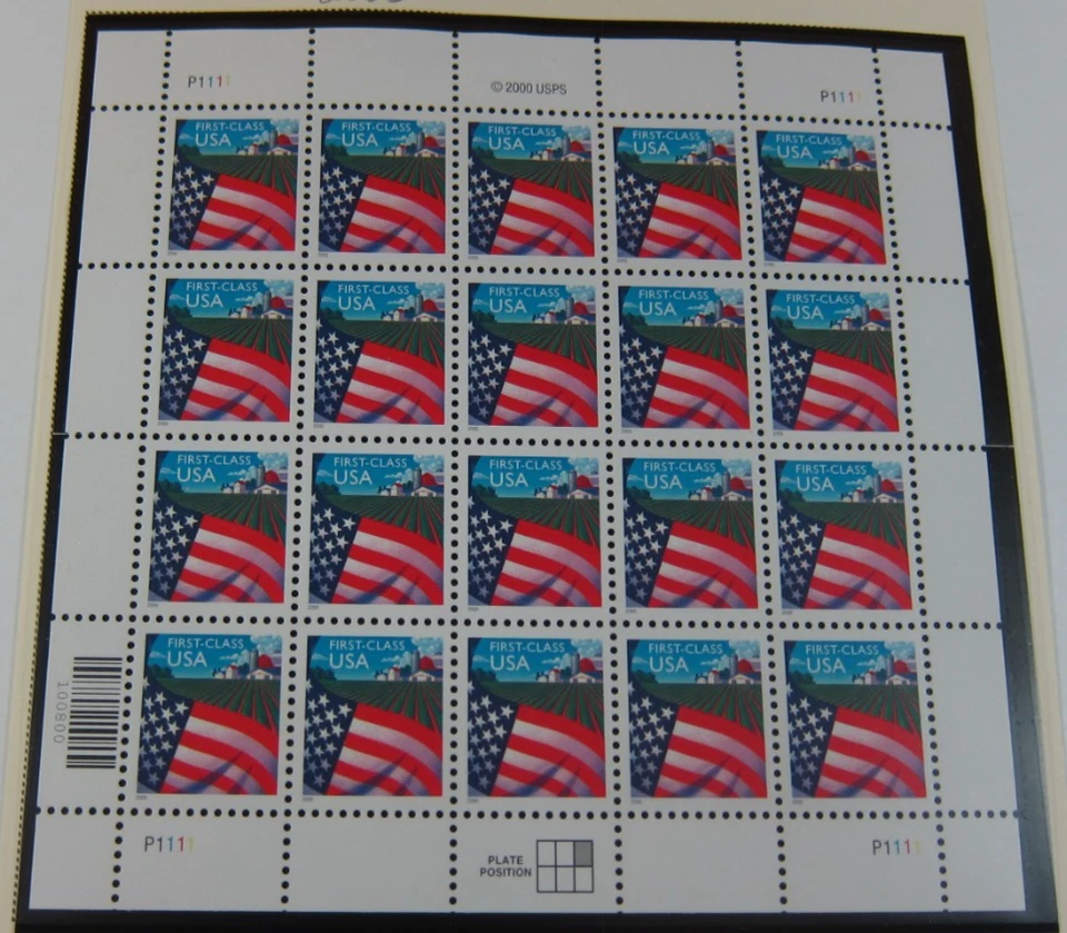 USPS 2000 Stamp Pane of 20 Stamps Showing Flag Over Farm  (34 Ct) (Scott # 3448) - Image 1 of 1