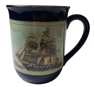 Otagiri Japan Ceramic Mug Ship Design Navy Blue Gold Trim Coffee Cup Boat Design - Picture 1 of 7