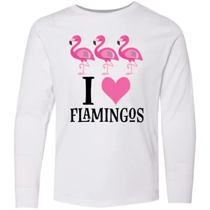 Inktastic I Love Flamingos Pink Bird Youth Long Sleeve T-Shirt Tropical Tee Kids - Picture 1 of 2