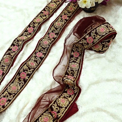 Vintage Maroon Sari Border Hand Embroidered Craft Trim Lace Sewing Ribbon 1yd - Image 1 of 4