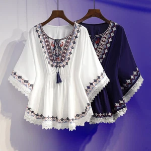 Women's Boho Blouse Summer Clothing New Retro Mid Length Loose Top Plus Size - Picture 1 of 26
