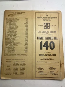 vtg RR Santa Fe Railroad 1951 Time Table 140 Atchison Topeka Railway Los Angeles - Picture 1 of 3