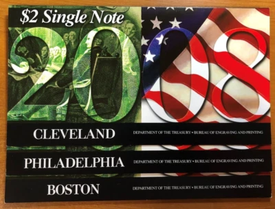 2008 $2 Uncirculated Single FRN (Cleveland,Boston,Philadelphia) Lot of 3 - OGP - Image 1 of 4