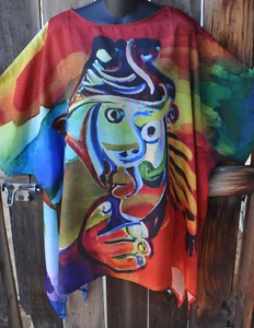 OFERTA--TÚNICA PONCHO ARTE ABSTRACTO PICASSO PINTADO DILEMA ARTE SEDA PARA USAR, OS - Imagen 1 de 4