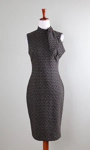 CALVIN KLEIN $129 Stretch Check Print Sleeveless Tie Neck Sheath Dress Size 2 - Picture 1 of 6