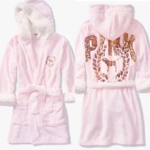 PINK | Sherpa Lined Gold Sequin Hooded Robe - Picture 1 of 7