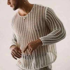 Men Shirt Hollow-out Machine Washable Men Knitted Mesh Top Male Bottoming Shirt - Picture 1 of 9