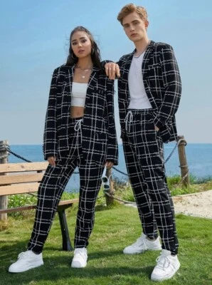 Conjunto de blazer e calças de cintura com cordão com estampa xadrez unissex Manfinity - Preto e branco - Imagem 1 de 2