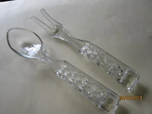 Glass Vintage Antique 10" Fork & Serving Spoon diamond cut glass UNIQUE - Picture 1 of 2
