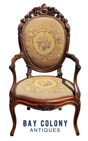 19TH C ANTIQUE VICTORIAN ARMCHAIR W/ CARVED CREST & NEEDLEPOINT SEAT Cover