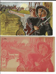 2 postales militares artísticas italianas 6o Reggimento Bersaglieri 1903 rojas y en color - Imagen 1 de 2