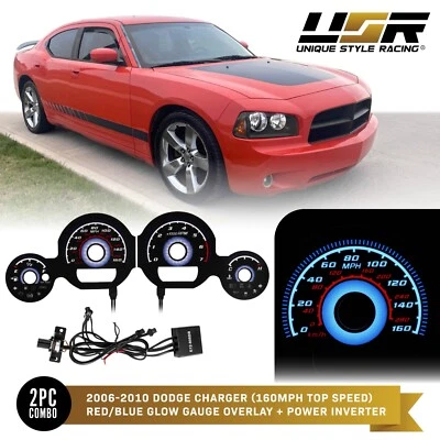 BLUE Glow Gauge Black Overlay For 06-10 Dodge Charger/Magnum 160MPH Cluster - Image 1 of 4