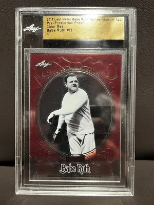 Leaf Babe Ruth 2019 1/1 rojo prueba de preproducción - reliquia de asiento del Yankee Stadium Foto 1 de 2