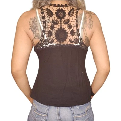 Camiseta sin mangas negra de encaje a ganchillo para mujer pequeña cuello redondo tejida bohemia preppy Foto 1 de 4