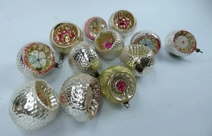 Vintage 1950s Concave Glass Christmas Tree Baubles x12 Ornaments with part Box - Picture 1 of 6