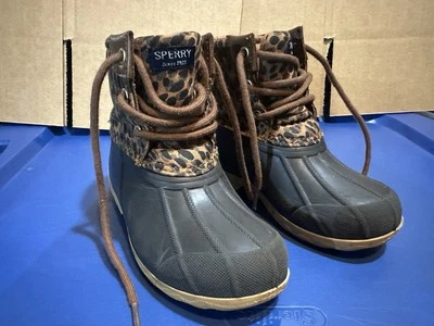 Botas SPERRY Topsider Pato Juveniles Talla 9M Marrón Estampado Guepardo Lluvia Nieve Con Cordones Foto 1 de 4