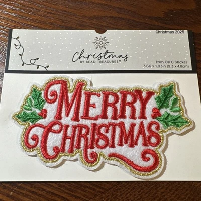 Merry Christmas - Holly Embroidered Iron On Patch - Holiday Crafts 3.66" x 1.93" - Image 1 of 2