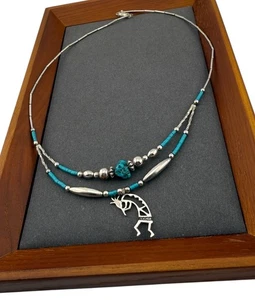 Vintage Necklace Silver Tone Beads Turquoise Centre Barrel Clasp Costume Jewels - Picture 1 of 4