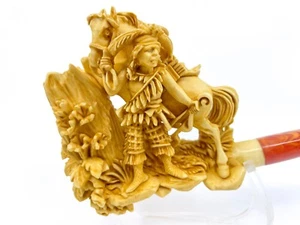S.YANIK MEERSCHAUM PIPE NATIVE AMERICAN SEMINOLE INDIAN HUNT SCENE SPC CASE - Picture 1 of 9