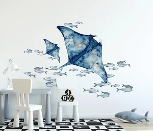 Manta Ray & Fish Wall Decal Set Peel and Stick Fabric Wall Sticker Nursery Decor - Picture 1 of 7