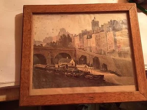 Cornice vintage in rovere stampa Le Pont Marie Par Daubigny, ponte francese sulla Senna - Foto 1 di 9