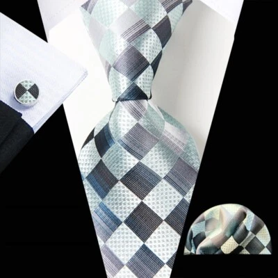 Classic Checks Blue Gray Jacquard Silk Men's Tie Necktie Hanky Cufflink Set - Image 1 of 4