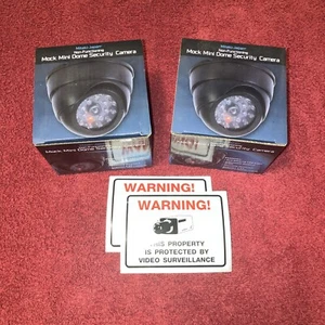 2 Dummy Camera Fake Security CCTV Dome Camera+Red LED Light+Window Sticker Signs - Picture 1 of 3