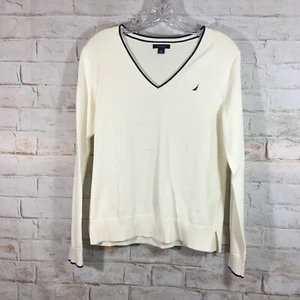 Nautica Women's Size SM White Blue V-Neck Long Sleeve Sweater Casual Pullover - Bild 1 von 8