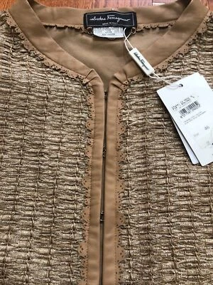 Nuevo con etiquetas Cárdigan Salvatore Ferragamo Mujer Cuero Tejido Tostado Dorado Talla Italiana 46 Foto 1 de 4
