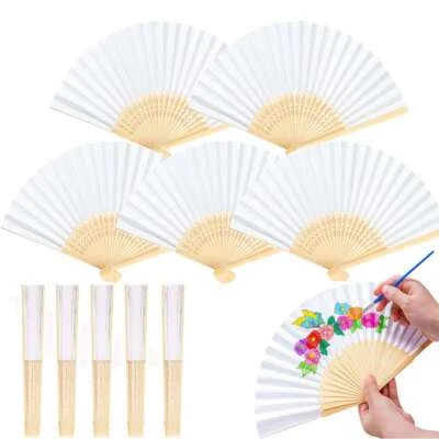 Ventilador de mano de papel blanco plegable de bambú blanco de 10 piezas, ventilador de mano para fiesta de boda hágalo usted mismo Foto 1 de 4