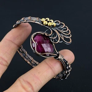 Kashmiri Red Ruby Gemstone Copper Wire Wrap Handmade Cuff Adjustable Bracelet - Picture 1 of 5