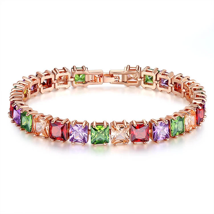 Pulseras cuadradas de 8 mm con dijes de oro rosa de amatista granate de lujo múltiple para mujer Foto 1 de 4