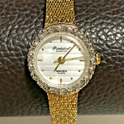 Reloj de vestir vintage de precisión de cuarzo verde con bisel de diamantes genuinos para damas funciona Foto 1 de 4