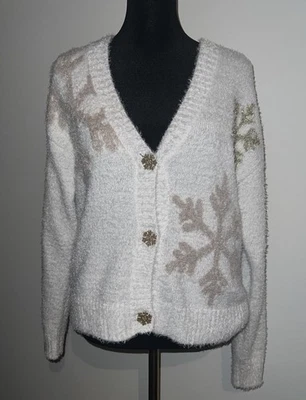 白色舒适模糊毛衣女式纽扣前开衫雪花主题 XS — 第 1/4 张图片